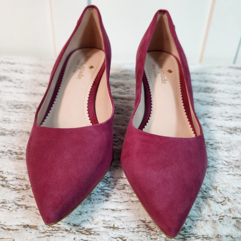 Kate Spade "Moulin" Fuschia Suede Pumps Block Heel Designer | Women's Size 7B - Picture 6 of 13